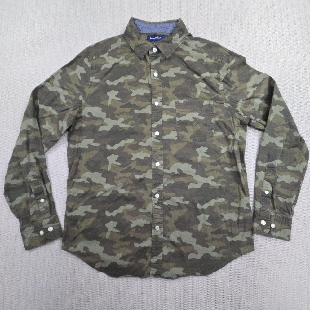 Nautica Shirt Mens Medium Green Camo Long Sleeve Classic Fit Stretch Button Up